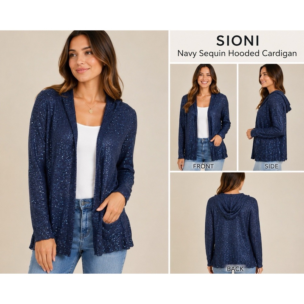 Sioni Womens Navy Blue Sequin Long Sleeve Hooded Open Cardigan Sweater Sz Small